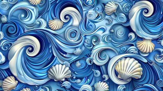 Foto abstracto ondas oceánicas azules y blancas y conchas marinas de fondo
