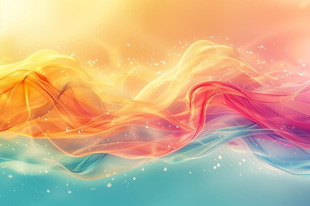 Abstracto ondulado brilhante e brilhante fundo colorido com gotas de água voadoras
