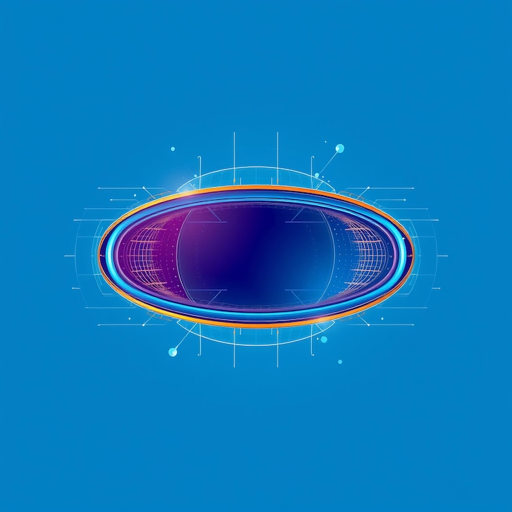 Foto abstracto oval futurista con líneas brillantes en fondo azul