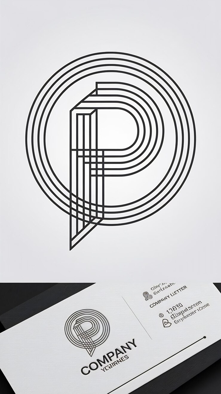 Foto abstracto p logotipo icono lineal círculo signo diseño vectorial logotipo de carta de la compañía con tarjeta de visita