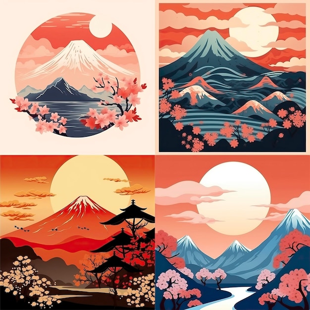 Abstracto paisaje japonés con ilustración de montañas