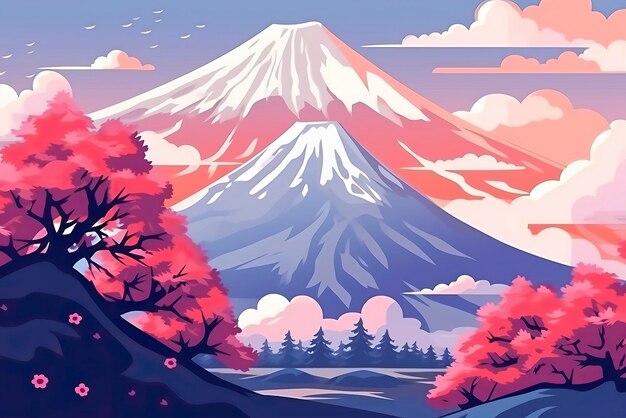 Abstracto paisaje japonés con ilustración de montañas