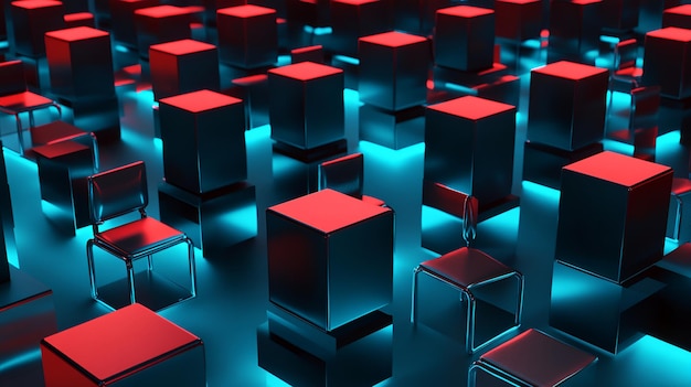 Abstracto Patrón de cubo 3D con acentos rojos y sillas vacantes Una representación simbólica de la fuerza de trabajo