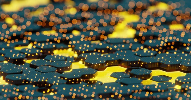 Foto abstracto patrón hexagonal iluminado con efectos bokeh en fondo oscuro