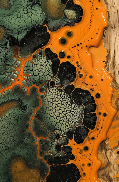 Foto abstracto pintura acrílica em redemoinhos de verde e laranja