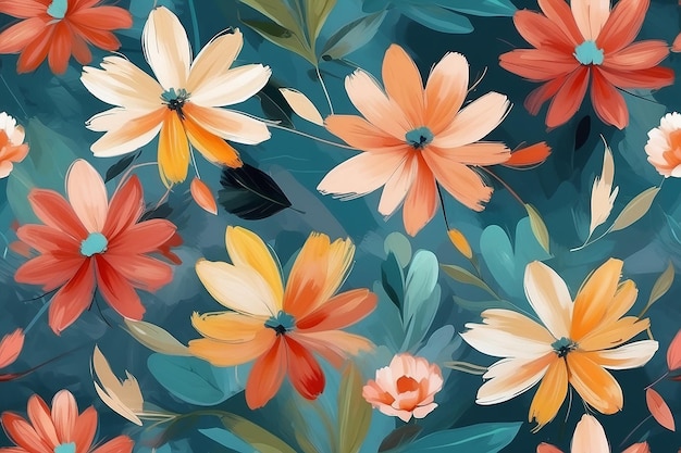 Abstracto Pintura al óleo digital Flores geométricas Hojas trazas de pincel Patrón sin costuras Fondo borroso