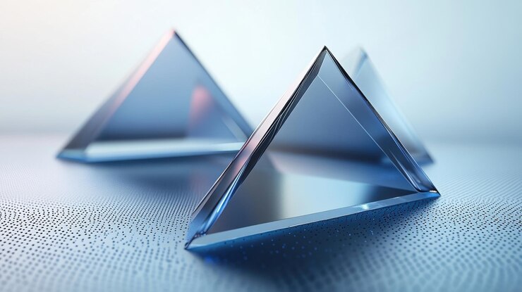 Foto abstracto pirámides de vidrio en una superficie de puntos azules un estudio de la luz y el reflejo