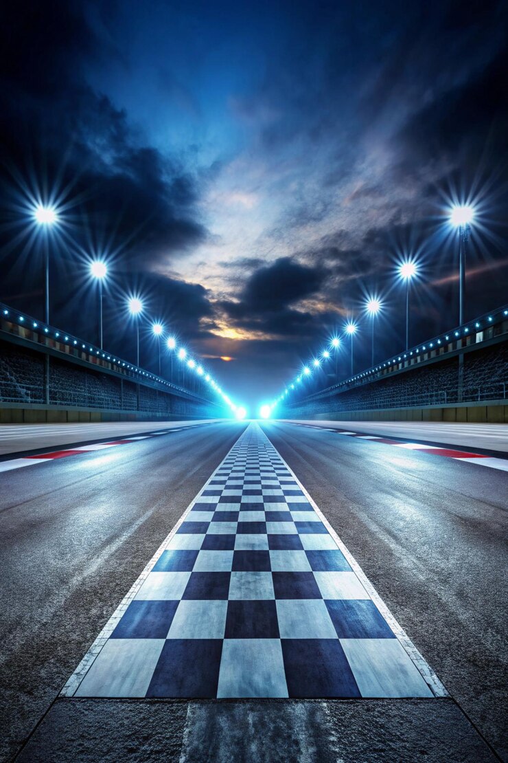 Foto abstracto pista de carreras línea de meta carreras en la noche ligera