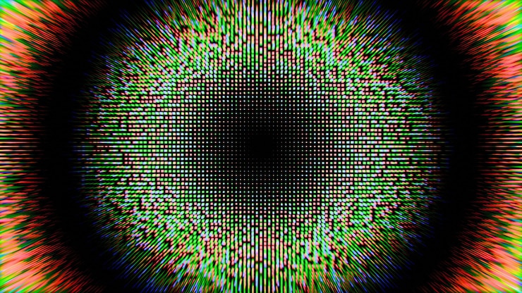 Foto abstracto pixel burst explosión digital vibrante con colores verde y rojo