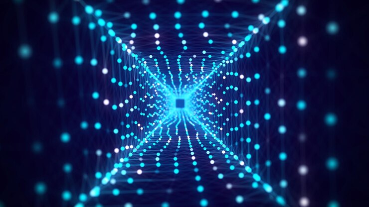 Foto abstracto portal 3d túnel cuadrado o agujero de gusano fondo digital con puntos y líneas azules conectadas renderización 3d