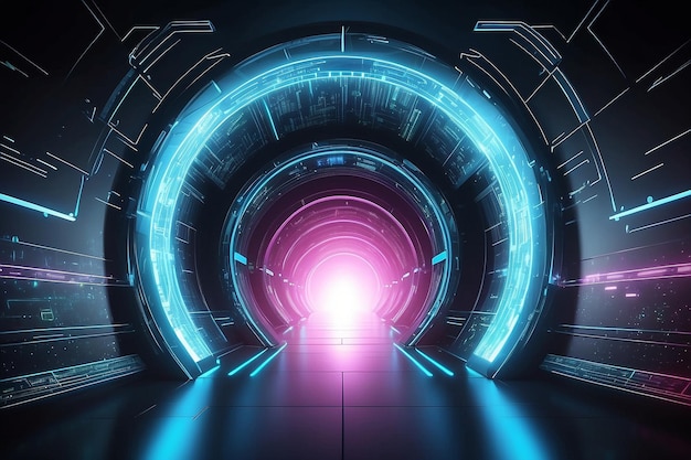 Abstracto puerta en túnel con señales de luz de centro de datos digital Concepto de tecnología informática futura