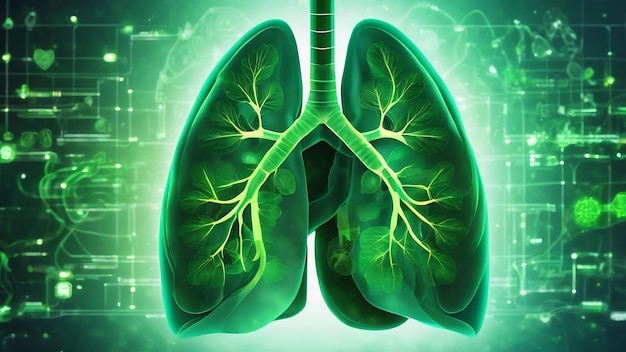 Abstracto pulmões médicos verdes brilhantes interface fundo com ícones medicina e conceito de inovação