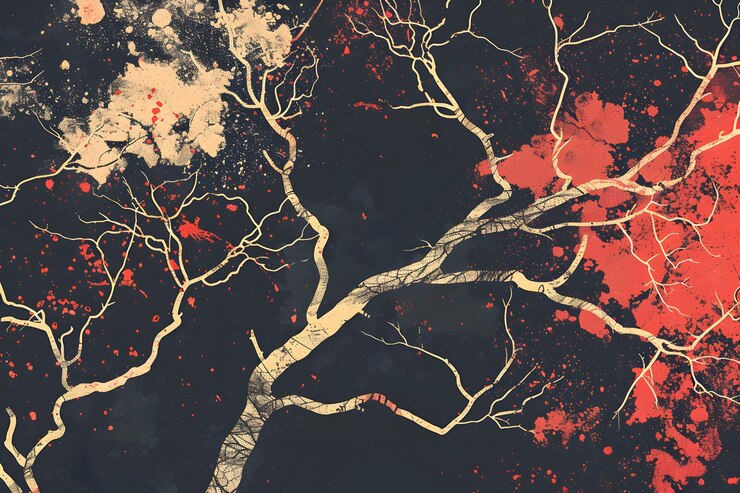 Abstracto Ramas de árboles con salpicaduras de color en un fondo oscuro