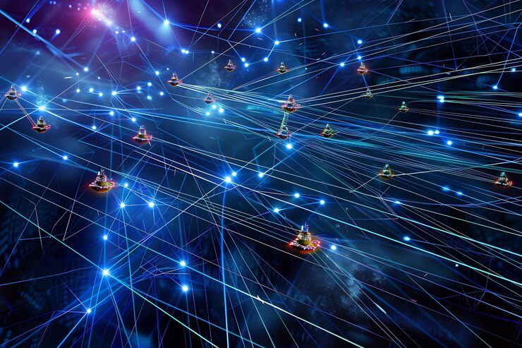 Foto abstracto red de líneas brillantes y puntos conectados con barcos