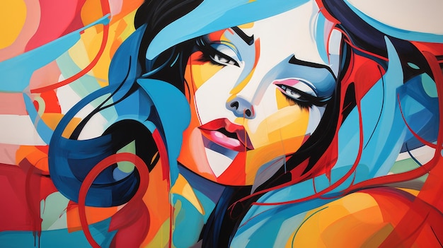 Abstracto retrato colorido de una hermosa mujer joven en el diseño de arte de fondo de color