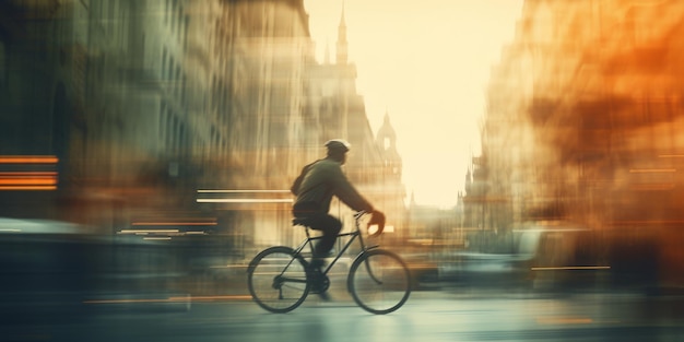 Abstracto retro homem borrado anda de bicicleta pela cidade durante a hora de ponta