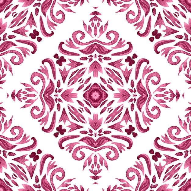 Abstracto rosa magenta y blanco dibujado a mano azulejos de damasco patrón de pintura de acuarela ornamental sin costura