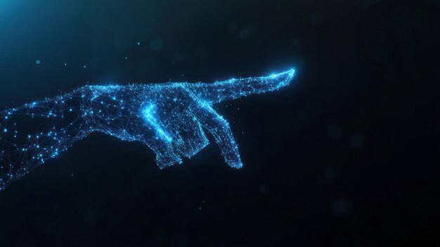 Abstracto señalización digital de la mano con líneas brillantes azules