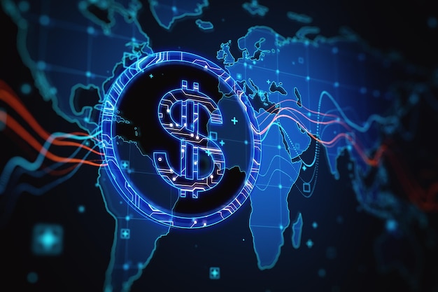 Foto abstracto signo de dólar azul brillante y mapa con gráficos en fondo borroso comercio de divisas y concepto de mercado digital renderización 3d