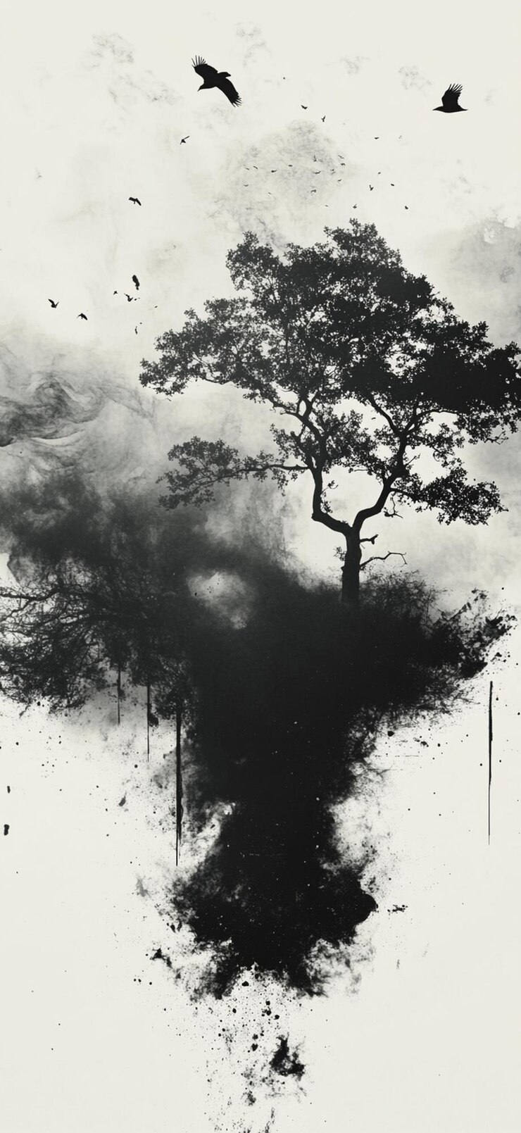 Foto abstracto silueta de árbol en blanco y negro con efectos de pájaros y humo