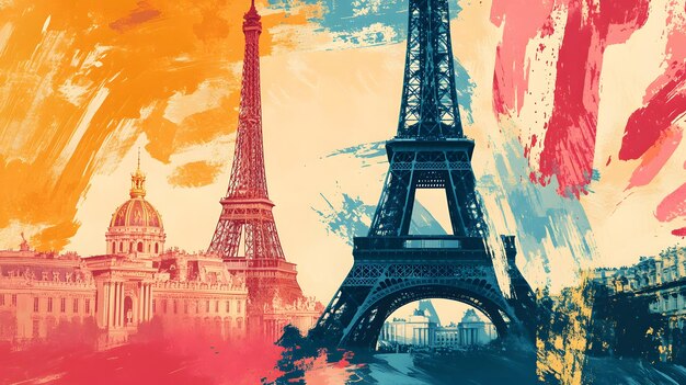 Abstracto Torre Eiffel pintada con edificios parisinos