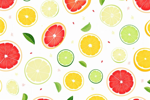 Abstracto Tropical Patrones vibrantes de pomelo fresa limón y manzana en un bac blanco