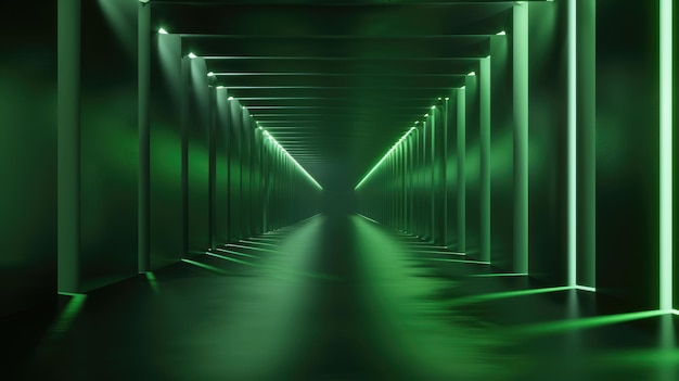 Abstracto túnel futurista fondo garaje oscuro con luz verde led interior de sala moderna o almacén Concepto de estudio industria de corredor de tecnología del futuro