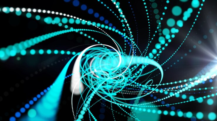Foto abstracto verde azul túnel digital partículas que fluyen onda fondo en movimiento