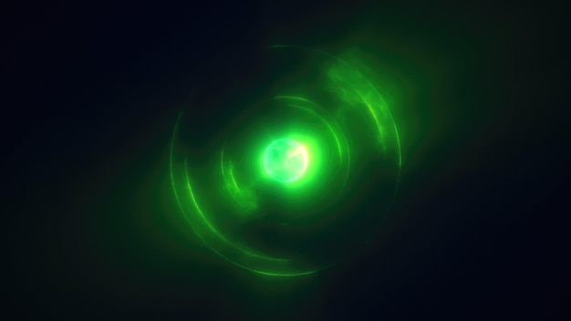 Abstracto verde brillante fondo brillante con una esfera núcleo de energía atómica de quema bola