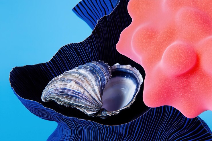 Foto abstracto visión macro de coral y conchas vibrantes en tonos de neón con fondo azul