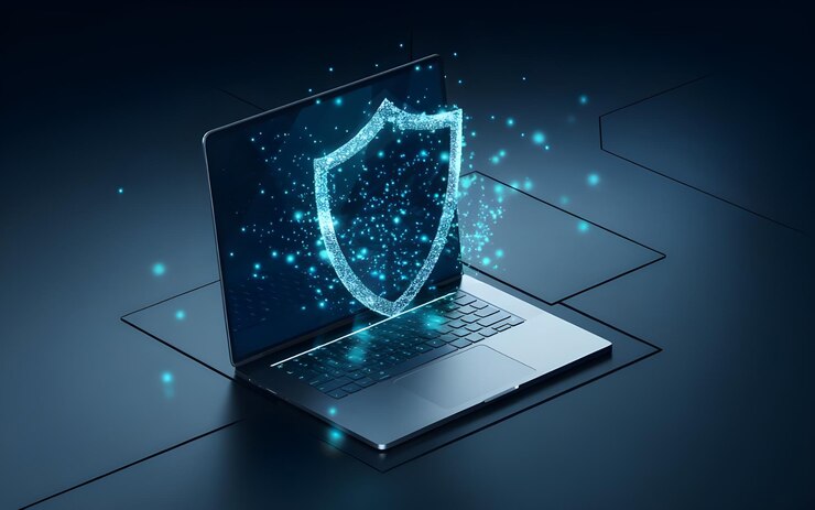 Abstracto Visualización de seguridad cibernética en la protección de seguros de portátiles en la era digital
