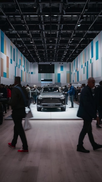 Foto abstrair as pessoas desfocadas na sala de exposições no fundo do evento do salão de automóveis