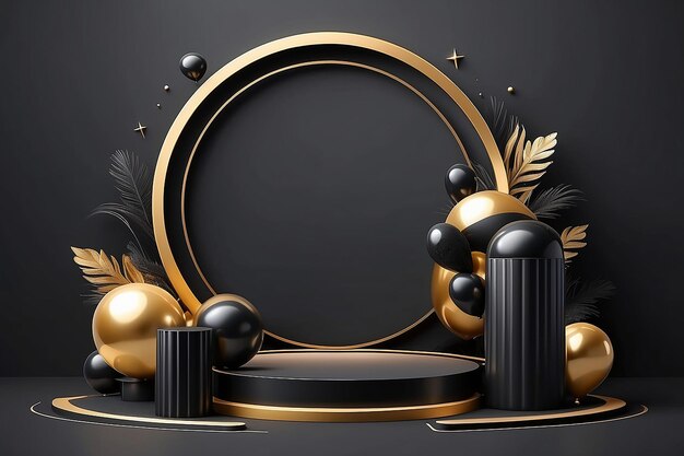 Abstrakt 3D schwarzer Zylinder-Podium-Hintergrund mit schwimmender schwarzer und goldener Ballonszene Schwarzer Freitag minimaler Mockup Produktpräsentation Bühnenvorführung Plattformen vektorgeometrisches Design