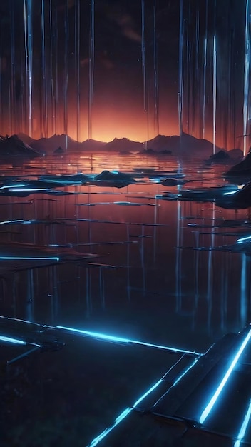 Abstrakt dunkler futuristischer Hintergrund blauer Neonlichtstrahlen reflektieren das Wasser