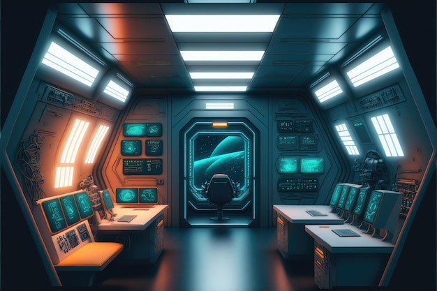 Abstrakt im futuristischen Innenraum des Raumschiffs mit Stromerzeugungstechnologie