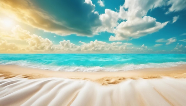 Abstrakt konzentrierter Hintergrund Tropischer Sommerstrand mit goldenem Sand, türkisfarbenem Ozean und blauem Himmel