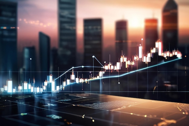 Abstrakt leuchtende Big-Data-Candlestick-Diagramm auf verschwommenem Stadt-Hintergrund Handel