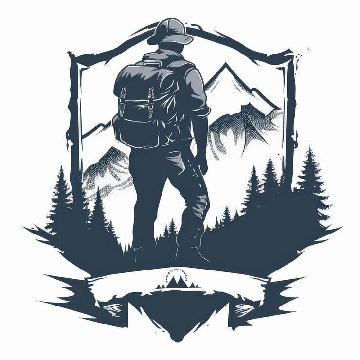 Foto abstrakt mann rucksack und wandersilhouette mit berg emblem design vektor-illustration auf weißem hintergrund