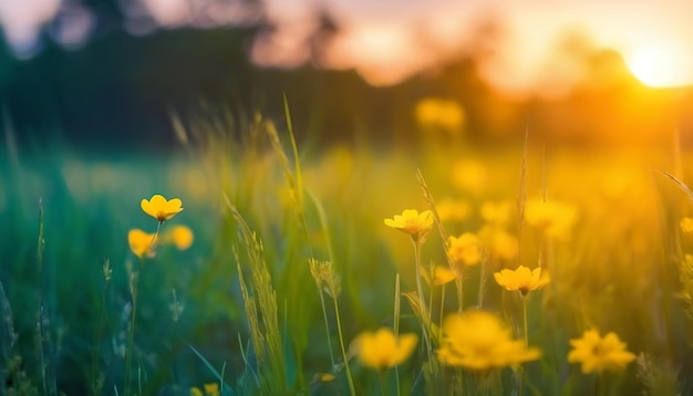 Abstrakt sanfter Fokus Sonnenuntergang Feldlandschaft von gelben Blumen und Gras Wiese warme goldene Stunde