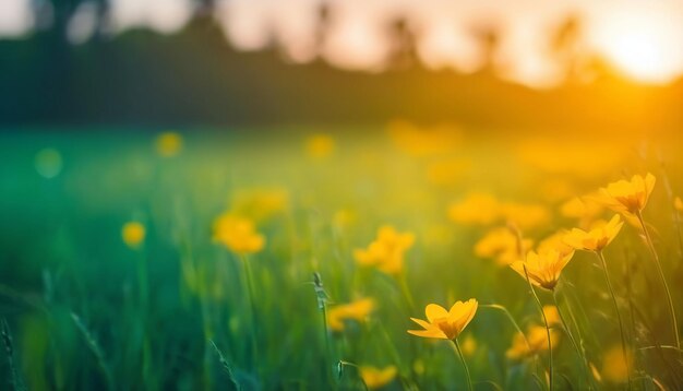 Abstrakt sanfter Fokus Sonnenuntergang Feldlandschaft von gelben Blumen und Gras Wiese warme goldene Stunde