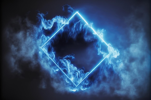 Abstrakt von glühendem Rauch im quadratischen Rahmen, der mit Neonlicht am Himmel beleuchtet ist