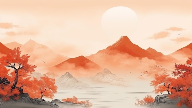 Foto abstrakt wunderschönes traditionelles chinesisches oder japanisches tempelhaus hügel mit fluss bewölkte und berglandschaft landschaft aquarell malerei tapeten orientalischer hintergrund wolken berg fluss