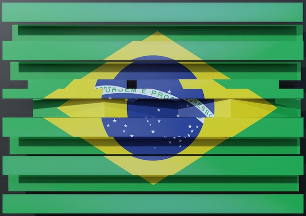abstrakte 3D-Darstellung der brasilianischen Flagge, die in versetzte horizontale Bänder auf grauem und schwarzem Farbverlauf geschnitten ist