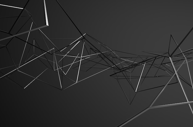 Abstrakte 3D-Darstellung der chaotischen Metallstruktur Dunkler Hintergrund mit Chromlinien im leeren Raum