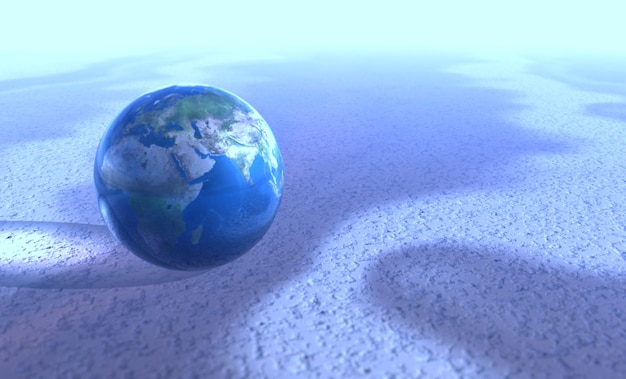 Abstrakte 3D-Darstellung der Erdkugel in Glaskugel auf strukturierter Erde und Sandoberfläche mit