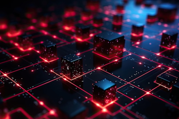 Abstrakte 3D-Darstellung einer futuristischen Stadt mit leuchtenden Würfeln. Technologiekonzept. Eine Nahaufnahme eines rot leuchtenden Blockchain-Netzwerks mit von der KI generierten Blöcken