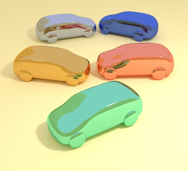 Abstrakte 3D-Darstellung einer Gruppe von bunten Spielzeugautos, die von Angesicht zu Angesicht auf gelber Oberfläche angeordnet sind