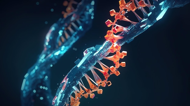 Abstrakte 3D-DNA-Molekülhelix mit ausgeschnittenem TeilLowpoly-Stil Abstrakter Neonrahmen-Stil Generative KI