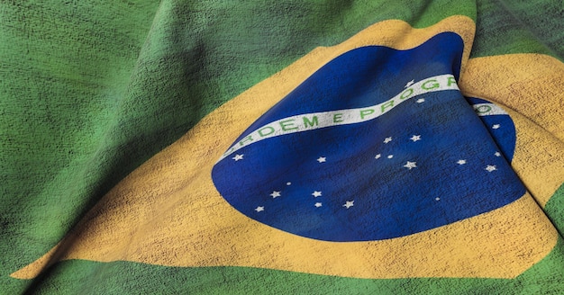 Foto abstrakte 3d-illustration der brasilianischen flagge auf grob strukturiertem, gewelltem stoff