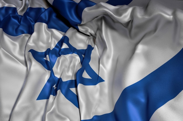 abstrakte 3D-Illustration der israelischen Flagge auf gewelltem Stoff in einer dunklen Umgebung mit Unschärfe